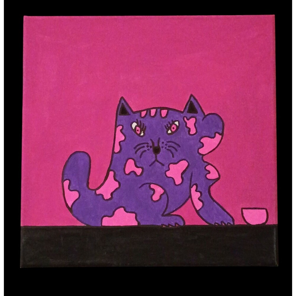 Handmade Purple Cat Acrylic Painting 12x12 Pink Spotted Folk Art Canvas Decor